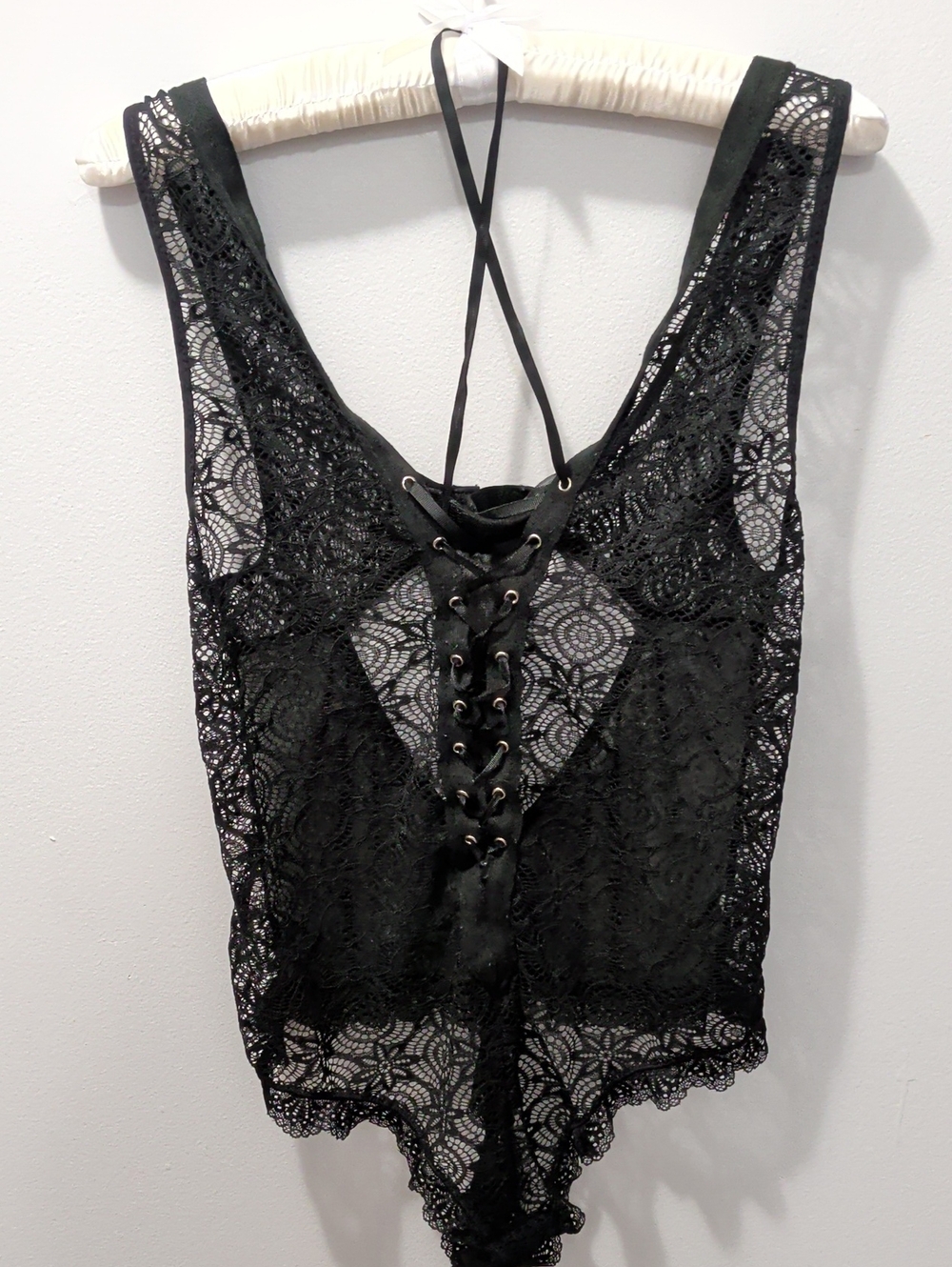 Black Lace Up Lace Bodysuit Lingerie Teddy
